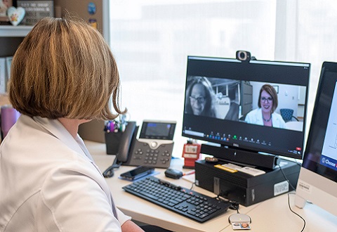 Kimberly Eichhorn, Speech-Language Pathologist at VA Pittsburgh Health Care System, conducts a video appointment with a Veteran enrolled in the GAPS program